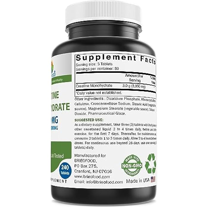 Brieofood Creatine Pills 3000 mg per Serving - 240 Tablets - 3rd Party Lab Tested for Purity & Quality - Helps Improve Athletic Performance - Image 2
