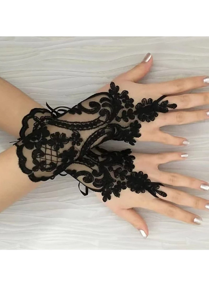SYOSI - Lace Gloves, 1920s Lace Fingerless Gloves for Wedding Parties, Bridal Wedding Dress Wedding Lace Gloves Hollow Out Fingerless Mesh Short Gloves, Floral Lace Gloves for Wedding Opera Party (Black) - Image 1