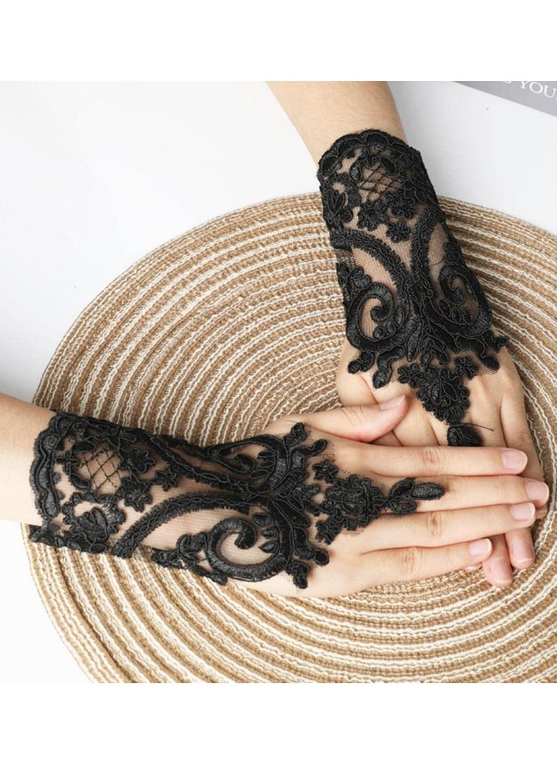 SYOSI - Lace Gloves, 1920s Lace Fingerless Gloves for Wedding Parties, Bridal Wedding Dress Wedding Lace Gloves Hollow Out Fingerless Mesh Short Gloves, Floral Lace Gloves for Wedding Opera Party (Black) - Image 1
