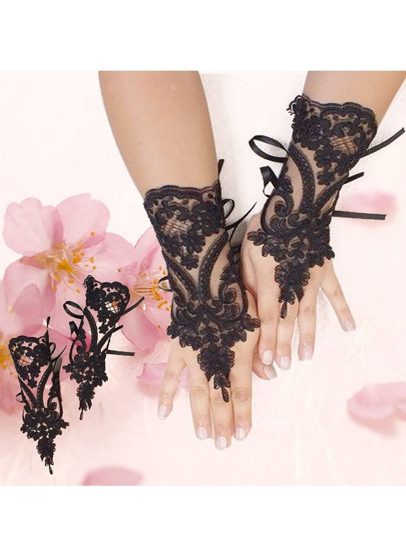 SYOSI - Lace Gloves, 1920s Lace Fingerless Gloves for Wedding Parties, Bridal Wedding Dress Wedding Lace Gloves Hollow Out Fingerless Mesh Short Gloves, Floral Lace Gloves for Wedding Opera Party (Black) - Image 1