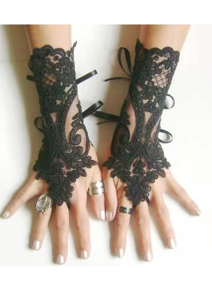 SYOSI - Lace Gloves, 1920s Lace Fingerless Gloves for Wedding Parties, Bridal Wedding Dress Wedding Lace Gloves Hollow Out Fingerless Mesh Short Gloves, Floral Lace Gloves for Wedding Opera Party (Black) - Image 1