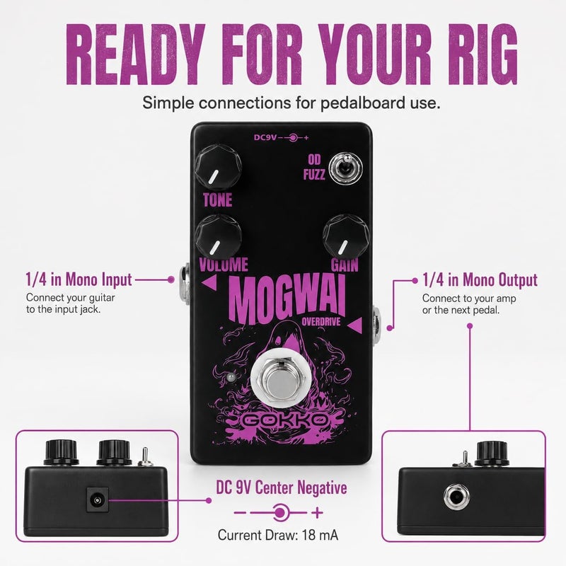 دواسة جيتار GK-61 Mogwai Overdrive – دواسة تأثيرات 2 في 1 (Overdrive و Fuzz) للجيتار الكهربائي – نغمة كلاسيكية، مفتاح تبديل، تجاوز حقيقي - Image 4