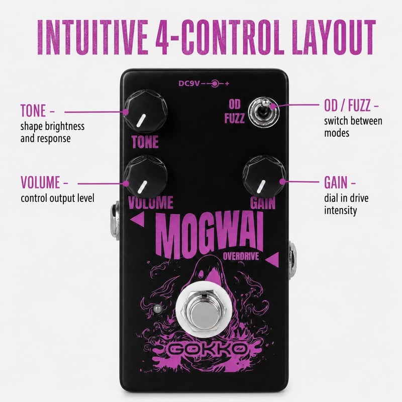 دواسة جيتار GK-61 Mogwai Overdrive – دواسة تأثيرات 2 في 1 (Overdrive و Fuzz) للجيتار الكهربائي – نغمة كلاسيكية، مفتاح تبديل، تجاوز حقيقي - Image 3