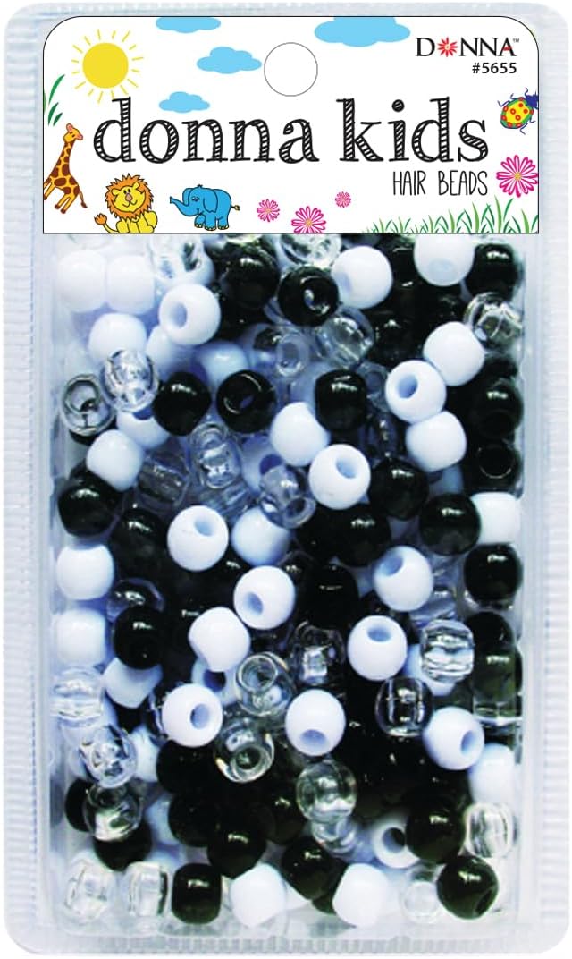 Donna Hair Braiding Kit: 11x10mm Pony Beads, DIY Plastic Beads, Quick Beaders for Kids - BLK/CLR/WHT