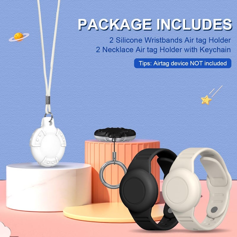 TOLUOHU AirTag Case, Waterproof AirTag Bracelet & Necklace for Kids, Soft Silicone Air Tag Holder with Key Ring (Black+ Beige, White) - Image 2