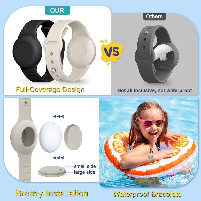 TOLUOHU AirTag Case, Waterproof AirTag Bracelet & Necklace for Kids, Soft Silicone Air Tag Holder with Key Ring (Black+ Beige, White) - Image 4
