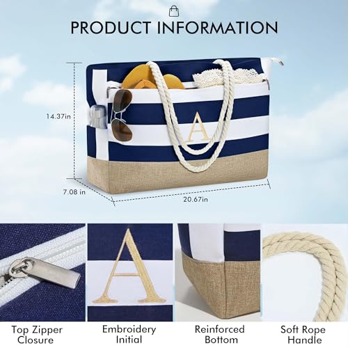 YOOLIFE Gifts for Daughter - Initial Daughter Gift Idea, Personalized Birthday Gifts for Daughter, Unique Gifts for Daughter, Monogram Travel Tote Bag Organizer, Large Blue Large Beach Bag L - Image 3