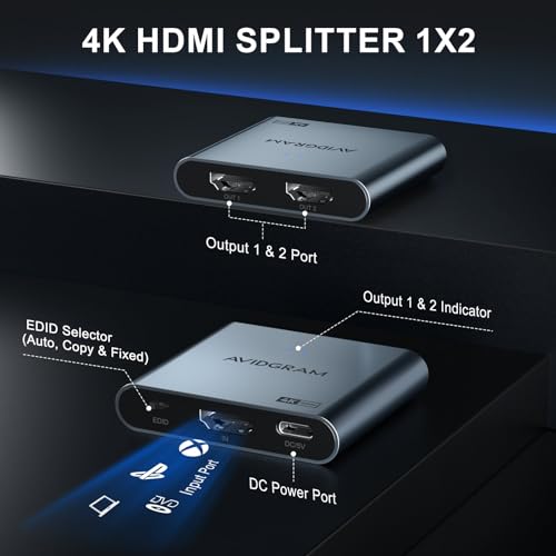 AVIDGRAM HDMI Splitter 1 in 2 Out 4K, AVIDGRAM HDMI 2 Port Splitter with Auto, Copy, and Fixed Mode for Dual Identical Display Support 4K 30Hz 3D, Compatible with Xbox, PS4 Pro, PS5 - Image 5
