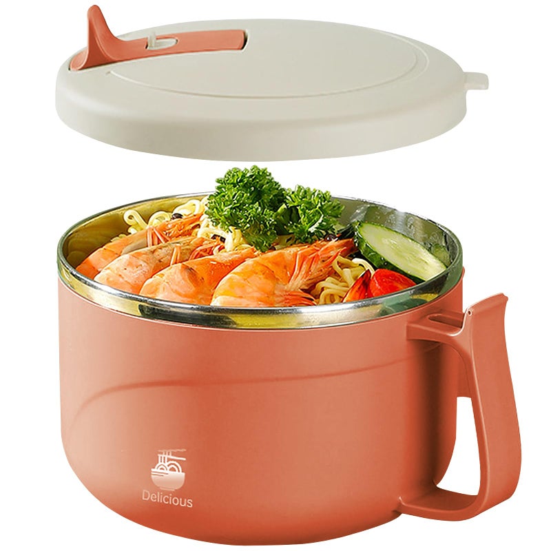 Ronanemon Microwave Ramen Bowl with Handles,304 Stainless Steel Liner Bowl, Microwavable Soup Mug with Lid Large Soup Cups for Ramen Noodle Cereal,42 oz (Orange) - Image 1