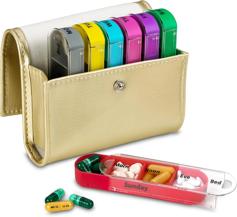 MEDca Weekly Travel Pill Organizer - Prescription and Medication Wallet Pill Box Reminder, Pill Container Dispenser Case, Vitamin Caddy Organizer, for 4 Times A Day, 7 Days a Week