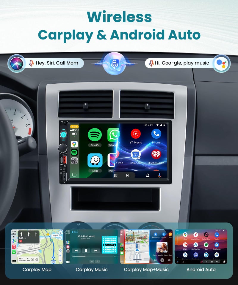 Sellrich Double Din Car Stereo with Wireless CarPlay/Android Auto, 7 Inch IPS Touch Screen Radio, Bluetooth 5.2, FM Radio,Double Din Head Unit with Online Video EQ USB/Type-C/TF Card/Aux Ports Backup Camera - Image 2