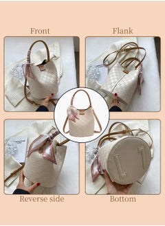 Moovant Women's Elegant Plaid Bucket Bag, Bow Shoulder Bag, Texture Crossbody Bag, Portable Solid Color Handbag, White  - Image 5