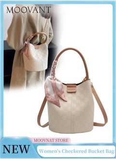 Moovant Women's Elegant Plaid Bucket Bag, Bow Shoulder Bag, Texture Crossbody Bag, Portable Solid Color Handbag, White  - Image 1