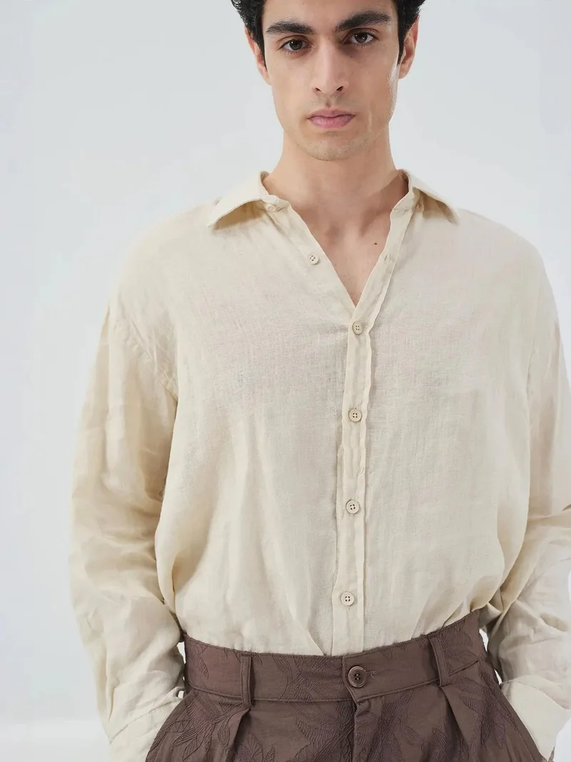 Giesto Beige Natural GIESTO Oversized Buttoned Linen Shirt for Men | Best Price UAE