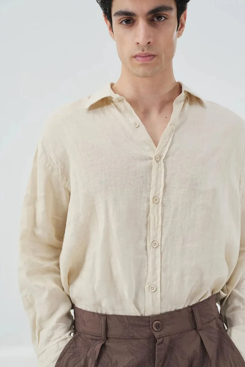 Giesto Beige Natural GIESTO Oversized Buttoned Linen Shirt for Men | Best Price UAE
