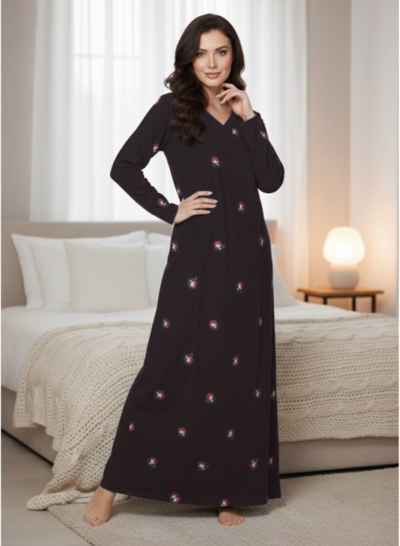 بريميم جلابية نسائية ماكسي مطبوعة ببراعم ورد سوداء - جلابية رمضان - بياقة على شكل حرف V، وأكمام طويلة، وقماش محبوك ناعم مطاطي، ونقشة زهور بسيطة - Image 4