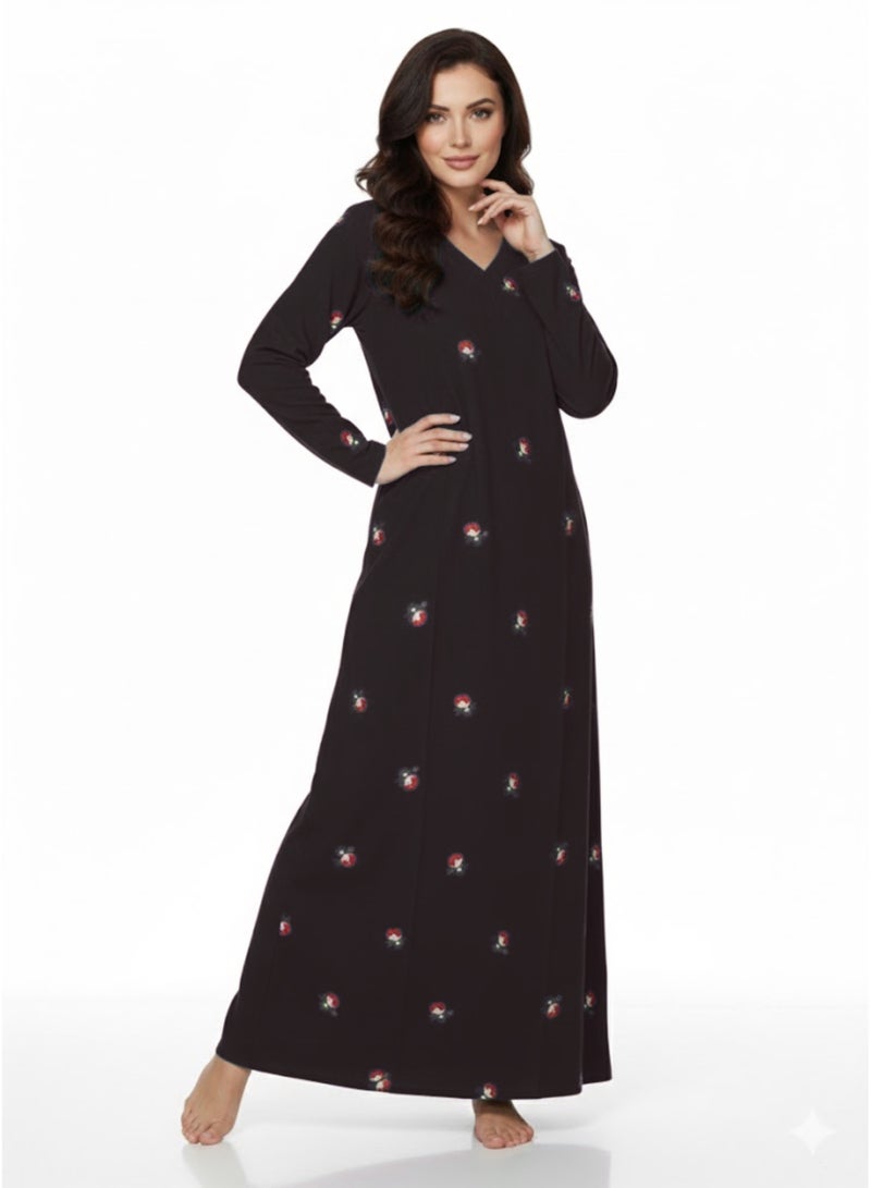 بريميم جلابية نسائية ماكسي مطبوعة ببراعم ورد سوداء - جلابية رمضان - بياقة على شكل حرف V، وأكمام طويلة، وقماش محبوك ناعم مطاطي، ونقشة زهور بسيطة - Image 1