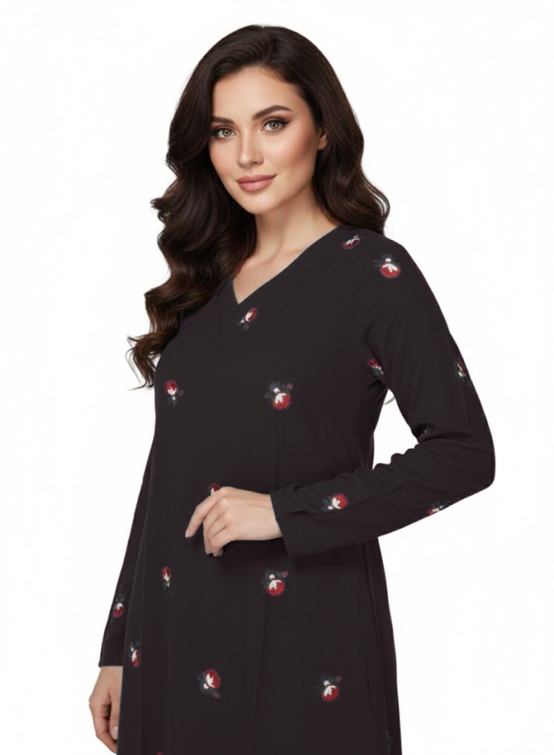 بريميم جلابية نسائية ماكسي مطبوعة ببراعم ورد سوداء - جلابية رمضان - بياقة على شكل حرف V، وأكمام طويلة، وقماش محبوك ناعم مطاطي، ونقشة زهور بسيطة - Image 3