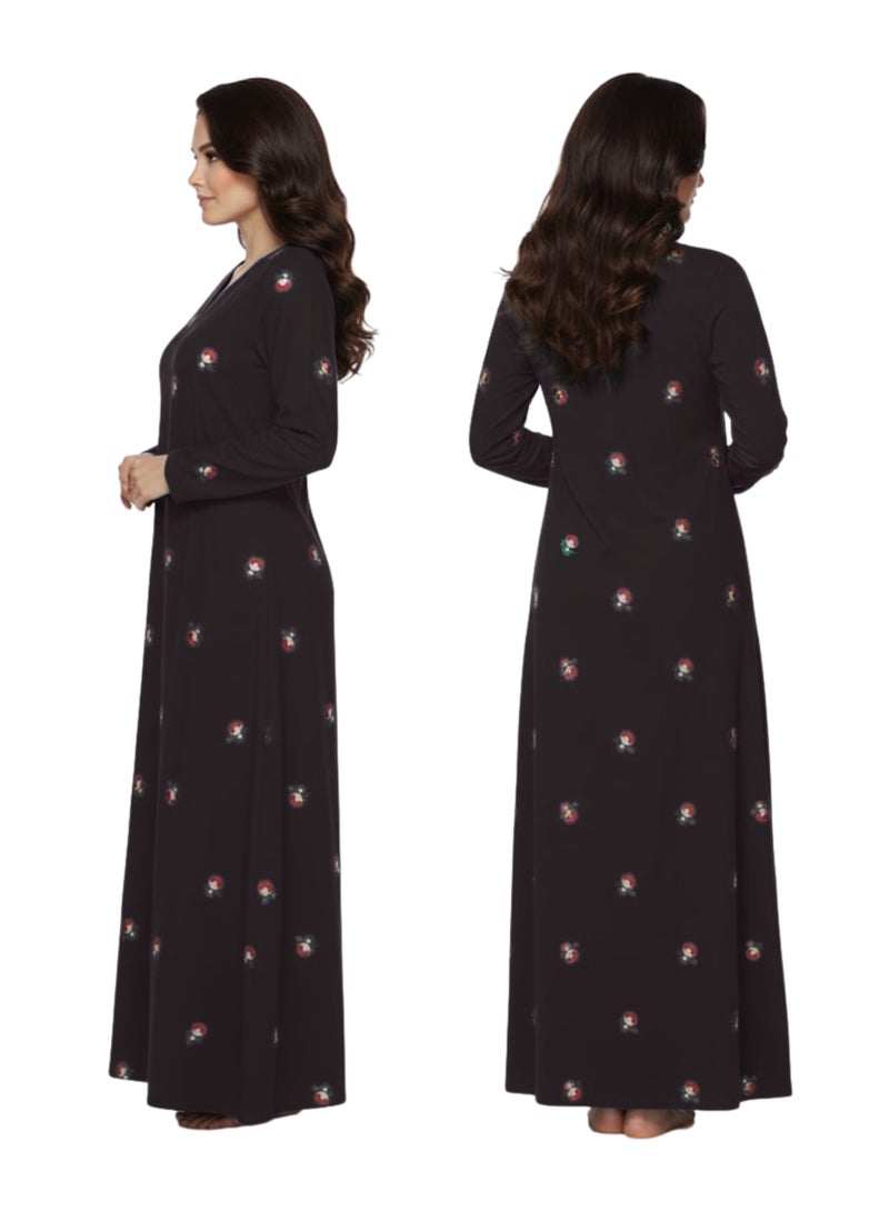 بريميم جلابية نسائية ماكسي مطبوعة ببراعم ورد سوداء - جلابية رمضان - بياقة على شكل حرف V، وأكمام طويلة، وقماش محبوك ناعم مطاطي، ونقشة زهور بسيطة - Image 5