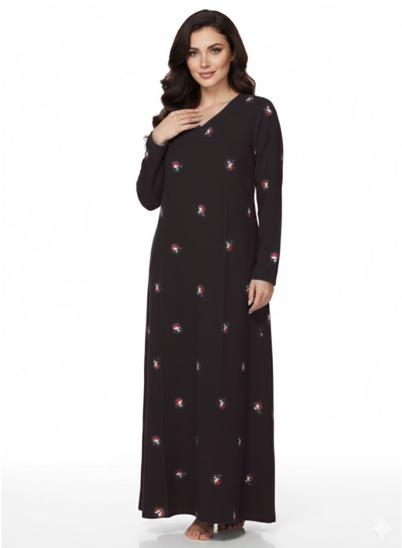 بريميم جلابية نسائية ماكسي مطبوعة ببراعم ورد سوداء - جلابية رمضان - بياقة على شكل حرف V، وأكمام طويلة، وقماش محبوك ناعم مطاطي، ونقشة زهور بسيطة - Image 2