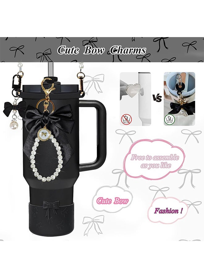 Quantum 5 Pcs Cute Bow Stanley Cup Accessories Set - Stanley Tumbler Accessories with Pearl Handle Strap with Bow Silicone Straw Cap Non-Slip Base Boot Bow Keychain Charm for Stanley Tumblers (Black) - Image 2