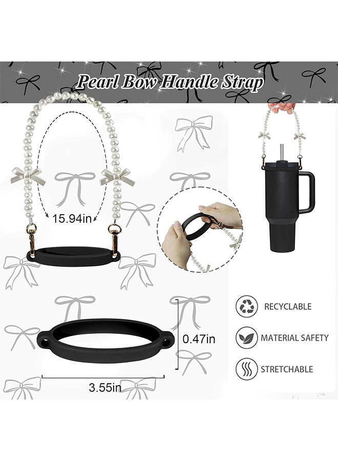 Quantum 5 Pcs Cute Bow Stanley Cup Accessories Set - Stanley Tumbler Accessories with Pearl Handle Strap with Bow Silicone Straw Cap Non-Slip Base Boot Bow Keychain Charm for Stanley Tumblers (Black) - Image 3