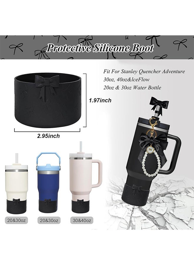 Quantum 5 Pcs Cute Bow Stanley Cup Accessories Set - Stanley Tumbler Accessories with Pearl Handle Strap with Bow Silicone Straw Cap Non-Slip Base Boot Bow Keychain Charm for Stanley Tumblers (Black) - Image 4