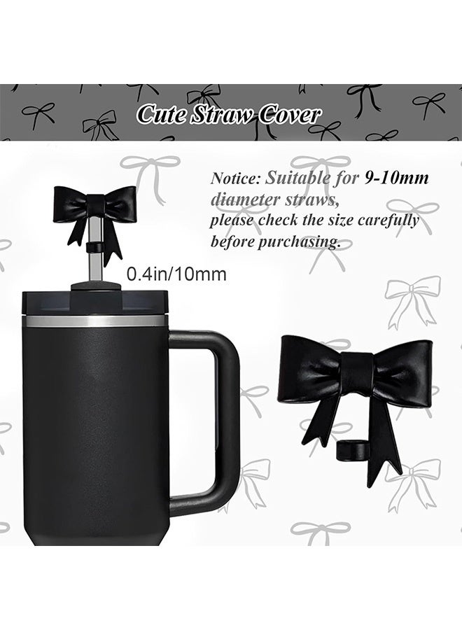 Quantum 5 Pcs Cute Bow Stanley Cup Accessories Set - Stanley Tumbler Accessories with Pearl Handle Strap with Bow Silicone Straw Cap Non-Slip Base Boot Bow Keychain Charm for Stanley Tumblers (Black) - Image 5