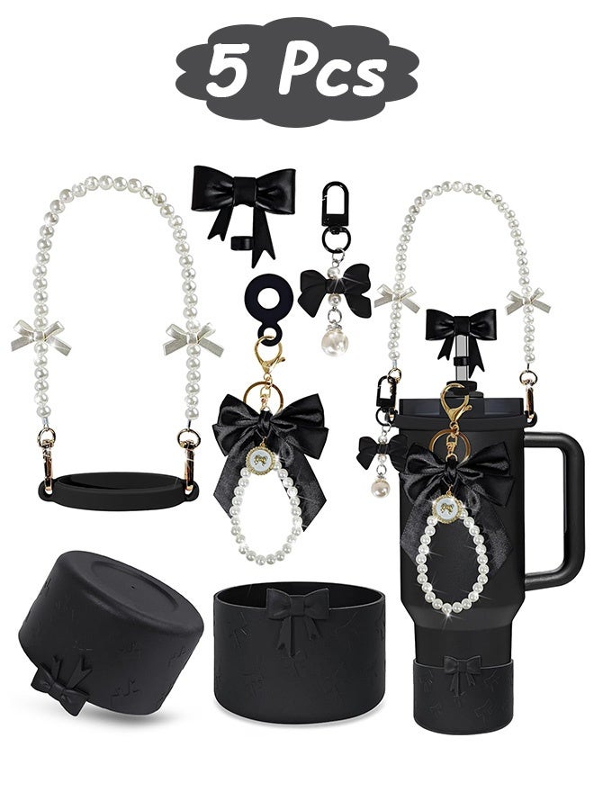 Quantum 5 Pcs Cute Bow Stanley Cup Accessories Set - Stanley Tumbler Accessories with Pearl Handle Strap with Bow Silicone Straw Cap Non-Slip Base Boot Bow Keychain Charm for Stanley Tumblers (Black) - Image 1