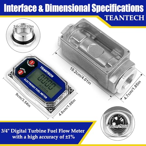 TEANTECH Turbine Flow Meter 3/4" inch Digital LCD Display with NPT Counter Oil Flowmeter Kerosene Diesel Fuel Flow for Measure Diesel Kerosene Gasoline - Image 2
