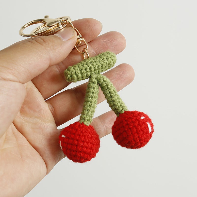 Handmade Cherry Pendant Knit Wool Fruit Keychain small red cherry - Image 4