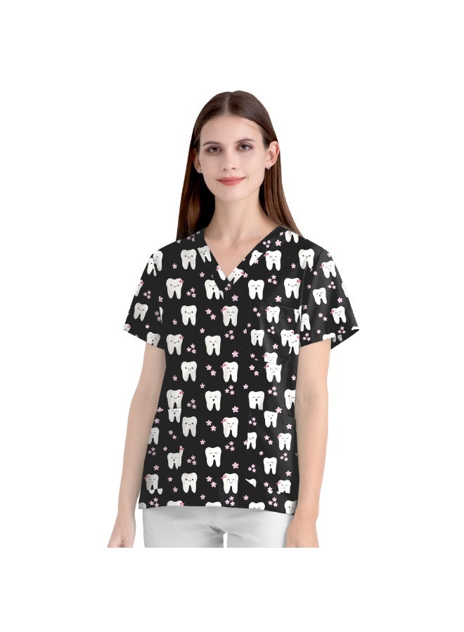 NIBEMINENT Elastic Teeth Dental Christmas Cartoon Pattern Short Sleeved Women's V-Neck Printed Top Nurse Uniform - Image 1