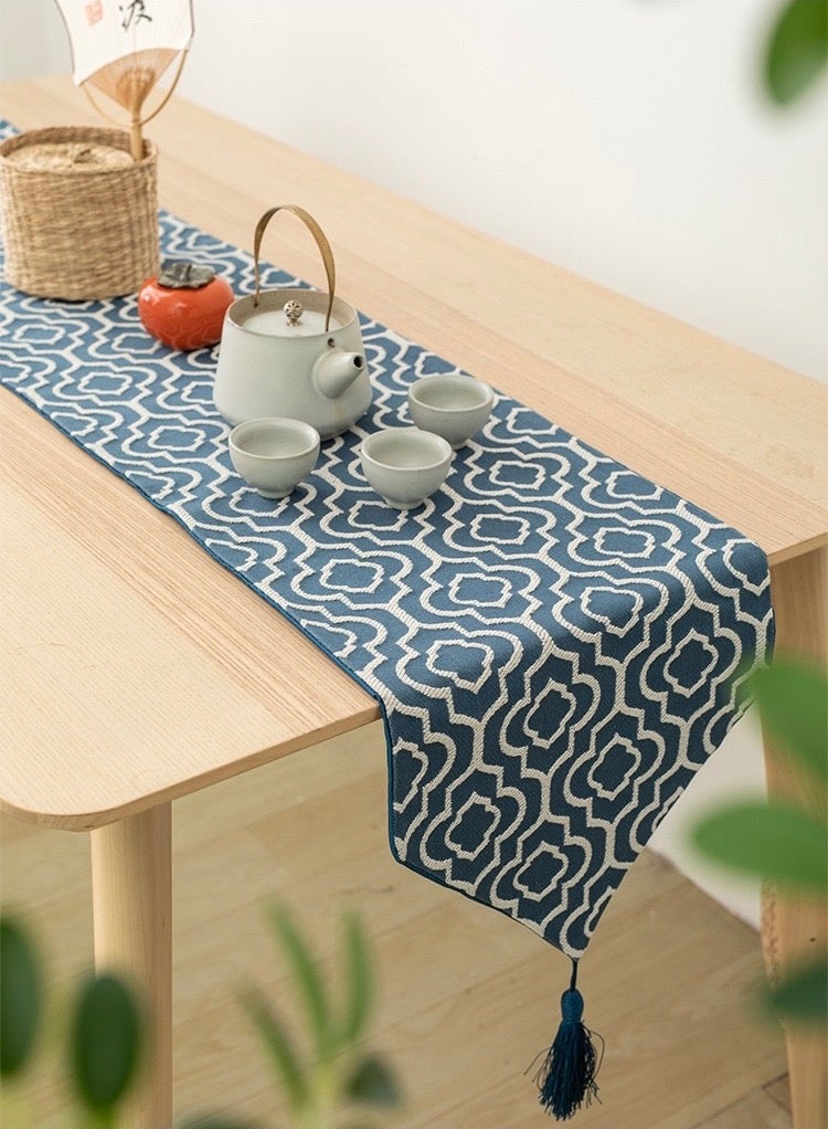Moroccan style table flag, made of cotton and linen material, jacquard blue, washable, suitable for dressing table scarves, kitchens, restaurants, coffee shops, or indoor and outdoor family gatherings decoration, 32 x 180 cm - Image 1