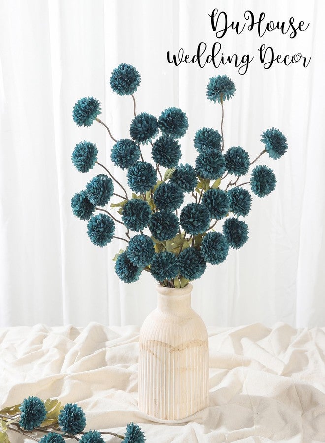 DuHouse 6pcs Artificial Flowers Faux Silk Pompon Mum,Silk Small Mini Chrysanthemum Ball with Stems for DIY Bouquets Centerpieces Vase Home Table Kitchen Decorations(Peacock Blue) - Image 2