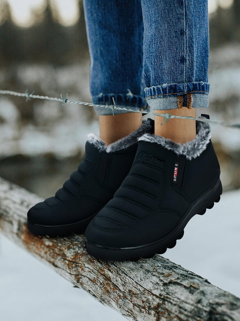 SHIBEVER Winter Boots for Women Snow: Black Ankle Winter Boots for Women Size 8 Comfortable Warm Casual Flat Short Furry Booties - Image 2