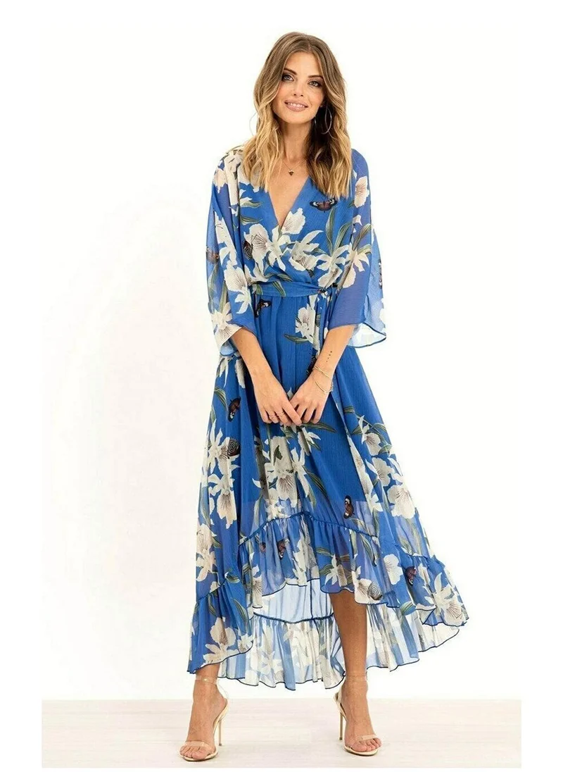 يامي Floral Print Kimono Midi Wrap Dress