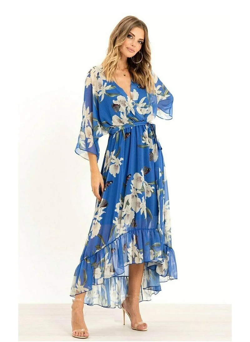 يامي Floral Print Kimono Midi Wrap Dress