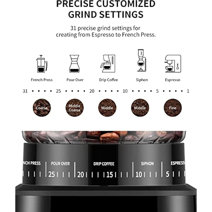 Dxmocos Conical Burr Coffee Grinder With Digital Timer Display Electric Coffee Bean Grinder With 31 Precise Settings For EspressoDripPour OverCold BrewFrench Press Matte Black - Image 2