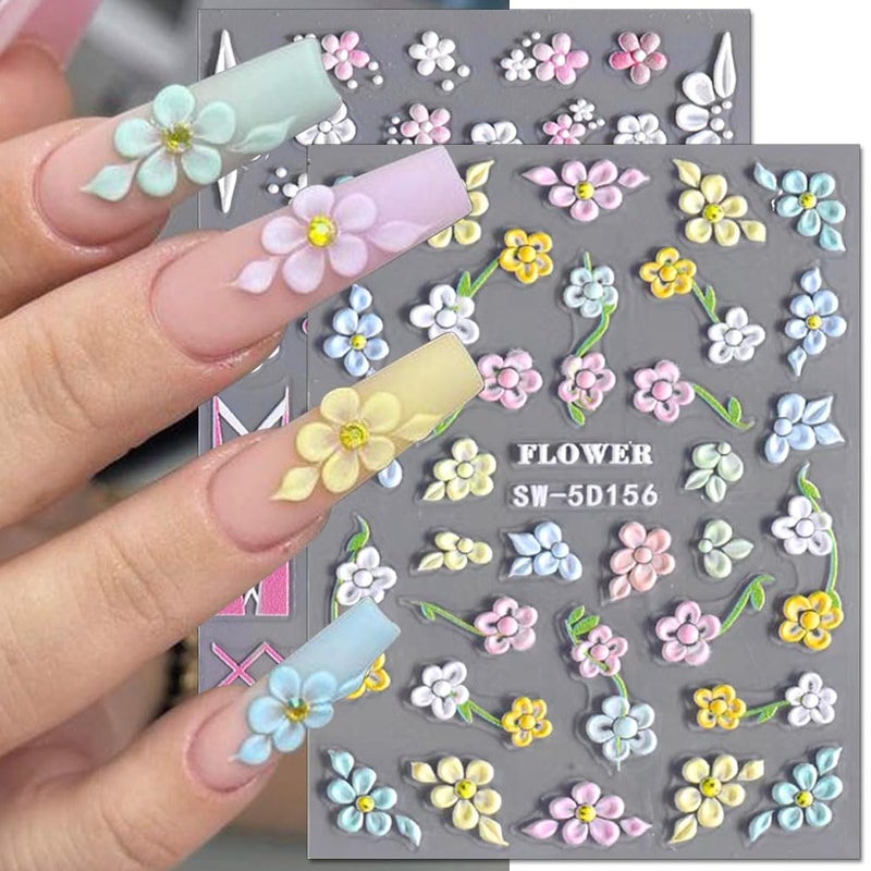 5D Embossed Flower Nail Stickers Cute Petals Acrylic Carved Floral Designs