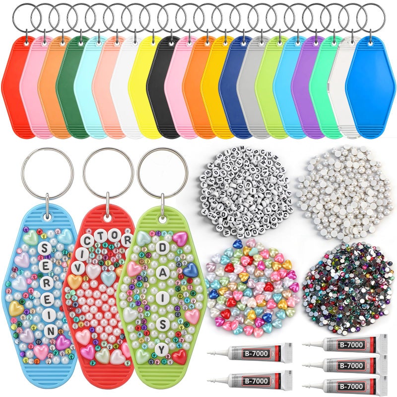 Nosiny 1550 Pcs/40 Sets Motel Keychain Making Kit with 40 Pcs Motel Key Chain 1500 Pcs Blank Alphabet Letter Beads Rhinestone Charms for DIY Hotel Blanks Keychain - Image 1