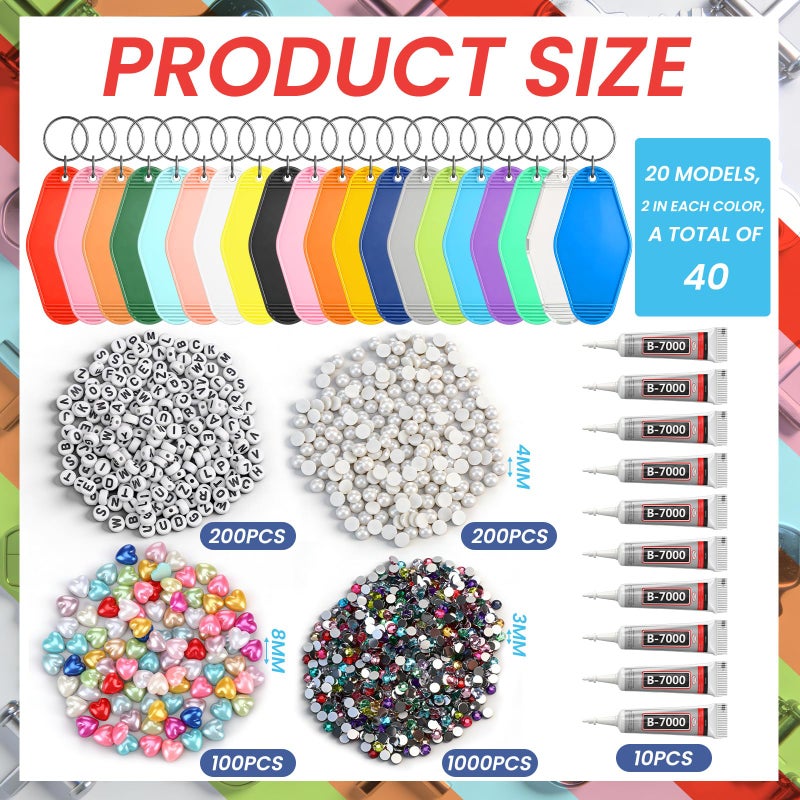 Nosiny 1550 Pcs/40 Sets Motel Keychain Making Kit with 40 Pcs Motel Key Chain 1500 Pcs Blank Alphabet Letter Beads Rhinestone Charms for DIY Hotel Blanks Keychain - Image 2