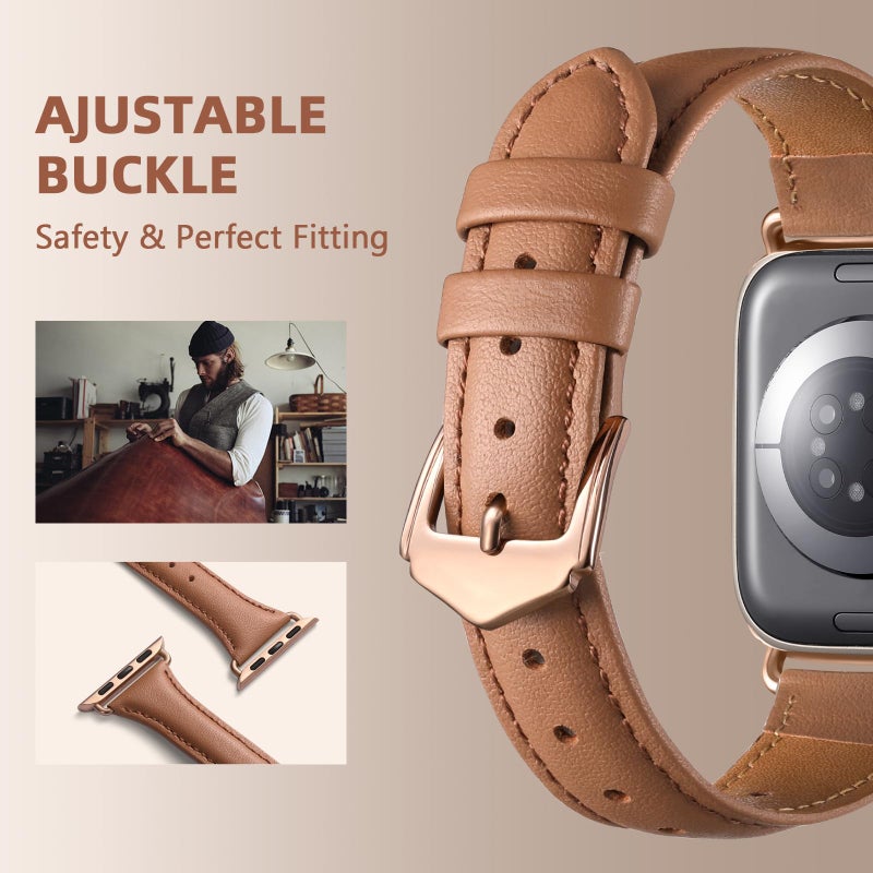 DaQin Slim Leather Band Compatible with Apple Watch Bands Women 40mm 38mm 41mm 42mm,Top Grain Genuine Leather Strap Thin Replacement Wristband for Apple Watch Series 11 10 9 8 7 6 5 4 3 2 1 SE Ultra - Image 5