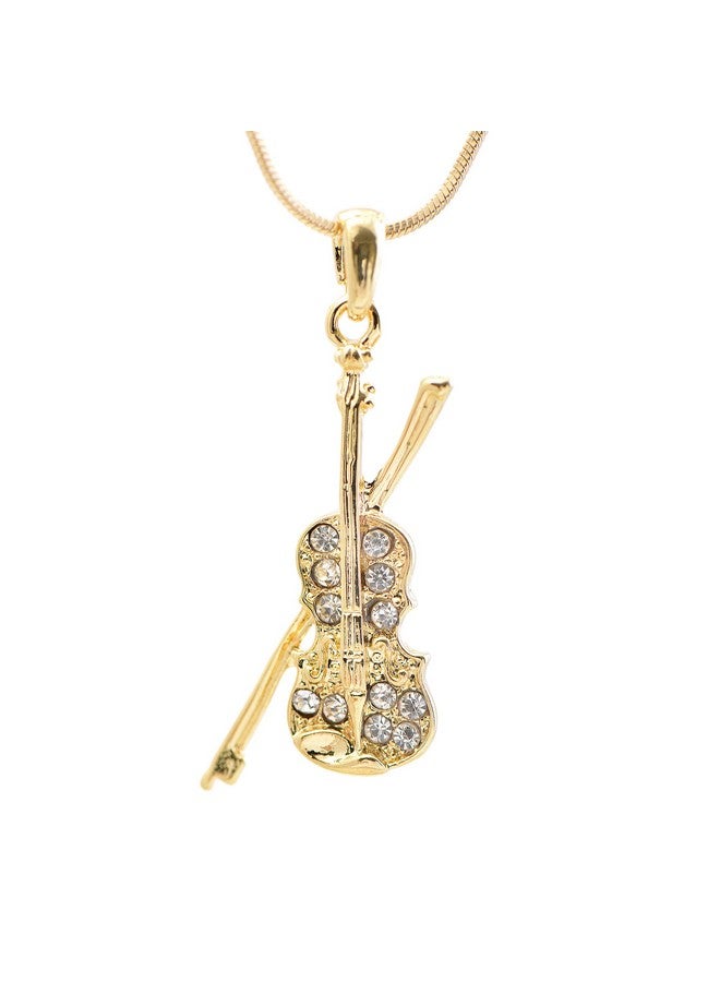 SpinningDaisy Tiny Jewel Crystal Violin And Bow Necklace Gold - Image 1