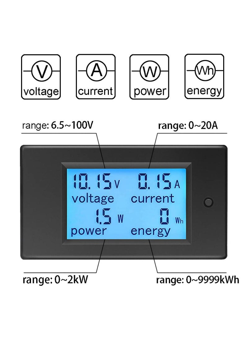 KETOTEK KETOTEK Amp Volt Watt Kwh Meter Tester Panel Digital 4 in 1 Ammeter Voltmeter Multimeter 12V DC 6.5-100V 20A, Voltage Current Power Energy Usage Monitor LCD Display Car Motorbike Solar  - Image 2