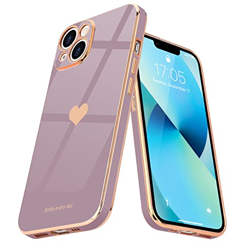 Teageo Compatible with iPhone 13 Case for Girl Women Cute Love-Heart Luxury Bling Plating Soft Back Cover Raised Camera Protection Bumper Silicone Shockproof Phone Case for iPhone 13, Lavender - Image 1