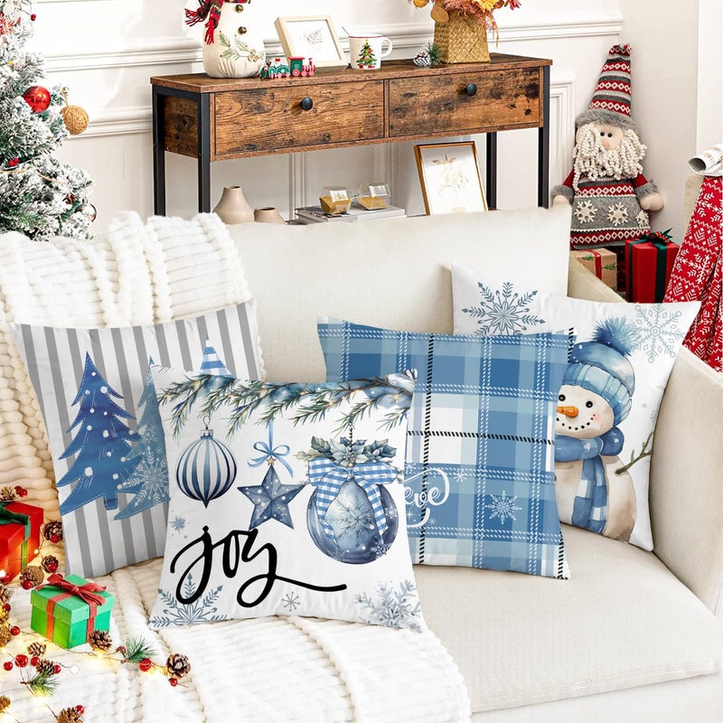 آرت ماج Artmag Christmas Convals Covers 20 × 20 بوصة مجموعة من 4 مزرعة مزرعة الثلج فرحة تصدق شجرة عيد الميلاد أغطية وسادة زرقاء لعطلة الشتاء ديكور ديكور ديكور - Image 5
