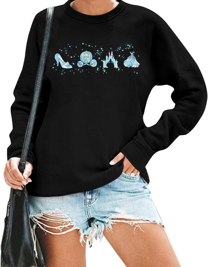 MYHALF Magic Kingdom Sweatshirts Women Embroidered Magical Princess Graphic Shirts Family Vacation Castle Long Sleeve Tops Black B - Image 1