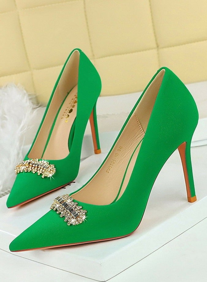 بيج تري المرأة مغلقة أشارت إصبع القدم كعب عالي الراينست الديكور المضخات الخضراء 10CM - Image 1