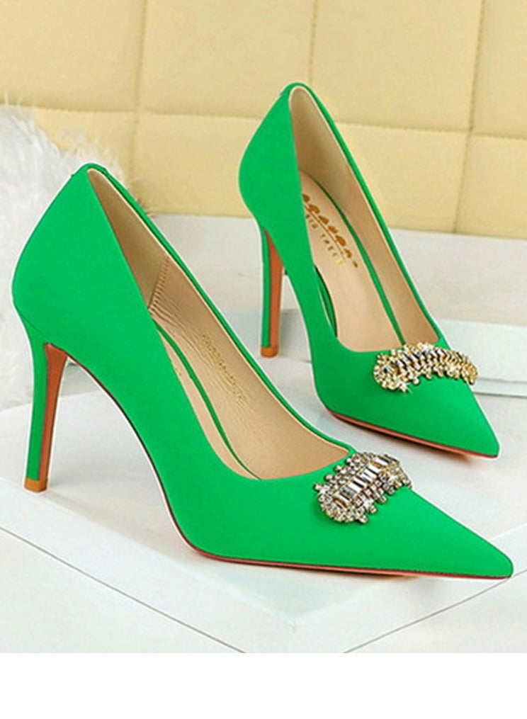 بيج تري المرأة مغلقة أشارت إصبع القدم كعب عالي الراينست الديكور المضخات الخضراء 10CM - Image 2