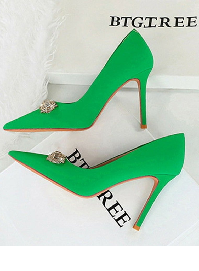 بيج تري المرأة مغلقة أشارت إصبع القدم كعب عالي الراينست الديكور المضخات الخضراء 10CM - Image 3